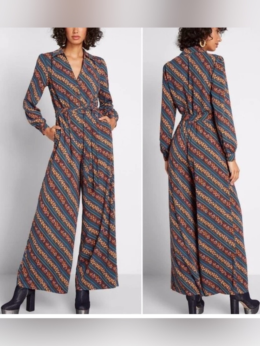 ModCloth Everything and More Wide-Leg Jumpsuit Retro 70s Stripe.Size:XL